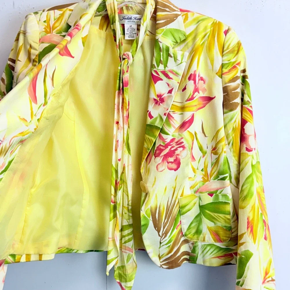 Judith Hart Petites Tropical Floral Blazer Jacket Yellow Green Pink Tie Neck 6P